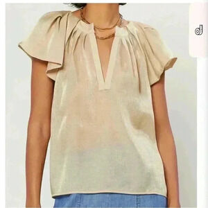 LUMINARY Gold Sparkle Pleated Top With Flutter Sleeves Size XS